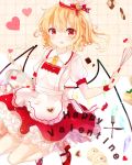  1girl apron blush chef_hat crystal flandre_scarlet food food_on_face frilled_skirt frills happy_valentine hat heart highres looking_at_viewer mary_janes mokyuko puffy_sleeves red_eyes shirt shoes short_sleeves side_ponytail skirt socks text tongue tongue_out touhou white_legwear wings wrist_cuffs 