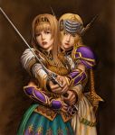  2girls alicia_(valkyrie_profile_2) armor blonde_hair blue_eyes braid breasts helmet long_hair multiple_girls silmeria_valkyrie sword valkyrie_profile valkyrie_profile_2 weapon 