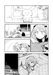  1girl architecture bed blanket blush comic flower_pot hair_bobbles hair_ornament highres kantai_collection monochrome photo_(object) pleated_skirt rabbit sazanami_(kantai_collection) school_uniform serafuku short_sleeves skirt sleeping solo tadano_(toriaezu_na_page) tagme translation_request twintails window 