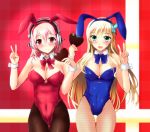  2girls animal_ears aqua_eyes bare_shoulders black_legwear blonde_hair blush boku_wa_tomodachi_ga_sukunai bow bowtie breasts bunny_girl bunnysuit butterfly butterfly_hair_ornament chocolate chocolate_heart cleavage detached_collar fake_animal_ears fishnets hair_ornament headphones heart kashiwazaki_sena large_breasts leotard long_hair looking_at_viewer multiple_girls nitroplus open_mouth pantyhose pink_eyes pink_hair sketch smile super_sonico v valentine wrist_cuffs yumi_(careca398) 