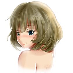  1girl absurdres bare_shoulders blue_eyes brown_hair green_eyes heterochromia highres idolmaster idolmaster_cinderella_girls looking_at_viewer mole mole_under_eye muutsu_(maxwell0916) short_hair smile solo takagaki_kaede 