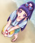  1girl :o ball beachball blue_shirt bracelet chocokin from_above half_updo heart-shaped_sunglasses izayoi_liko jewelry long_hair looking_at_viewer mahou_girls_precure! precure purple_hair sandals shirt shorts solo standing sunglasses sunglasses_on_head v_arms violet_eyes 