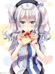  1girl beret blue_eyes blush box breasts cleavage gift gift_box hat highres holding holding_gift kantai_collection kashima_(kantai_collection) long_hair looking_at_viewer sidelocks silver_hair smile solo sousouman tsurime twintails valentine wavy_hair 