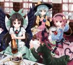  4girls animal_ears apron arm_cannon bird_wings black_hair black_wings bow bowl braid cape cat_ears cat_teaser chocolate_making dress green_dress green_eyes hair_bow hairband hat hat_ribbon heart highres juliet_sleeves kaenbyou_rin komeiji_koishi komeiji_satori long_hair long_sleeves multiple_girls multiple_tails open_mouth pink_eyes pink_hair pot puffy_sleeves red_eyes redhead reiuji_utsuho ribbon ruu_(tksymkw) shirt silver_hair skirt smile tail third_eye touhou twin_braids two_tails valentine very_long_hair weapon whisk wide_sleeves wings 