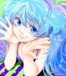  1girl blue_eyes blue_hair dh_(booom38) earrings eyelashes face hatsune_miku highres jewelry jpeg_artifacts nail_polish purple_nails smile solo star star_earrings striped twintails twitter_username upper_body vocaloid 