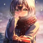  1girl bag blurry blush bow box breath brown_eyes brown_hair buttons coat covered_mouth depth_of_field gift gift_box hair_between_eyes holding_gift hyp incoming_gift long_sleeves looking_at_viewer original outstretched_arm red_scarf ribbon scarf shade shoulder_bag snow snowing solo unzipped upper_body valentine winter winter_clothes yellow_bow yellow_ribbon 