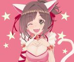  +_+ ;d animal_ears bangs bell bell_collar bow breast_squeeze breast_suppress breasts bridal_gauntlets brown_hair cat_ears cat_tail cleavage collar fang green_eyes hair_bow hair_ornament hair_ribbon idolmaster idolmaster_cinderella_girls jpeg_artifacts maekawa_miku one_eye_closed open_mouth pink pink_background ponytail ribbon single_glove smile sparkle sparkling_eyes star tail wristband yuuki_(irodo_rhythm) 