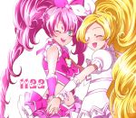  2girls ;d blonde_hair blue_eyes blush bow braid brooch closed_eyes cowboy_shot crop_top cure_melody cure_rhythm earrings frilled_skirt frills hair_bow holding_hands houjou_hibiki jewelry kagami_chihiro long_hair looking_at_viewer magical_girl minamino_kanade multiple_girls one_eye_closed open_mouth pink_bow pink_hair pink_skirt precure puffy_sleeves skirt smile suite_precure twintails white_background white_bow white_skirt wrist_cuffs 