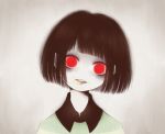  androgynous brown_hair chara_(undertale) collared_shirt crazy_eyes eleanor flower_in_mouth head_tilt looking_at_viewer parted_lips red_eyes shirt smile solo spoilers striped striped_sweater sweater tagme teeth undertale upper_body 