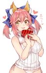  1girl absurdres alternate_costume animal_ears blush bow breasts caster_(fate/extra) cleavage cleavage_cutout fate/extra fate/grand_order fate/stay_night fate_(series) fox_ears fox_tail hair_bow hair_ornament hair_ribbon heart highres large_breasts long_hair looking_at_viewer open-chest_sweater osiimi_(artist) panties pink_hair ribbed_sweater ribbon simple_background smile solo sweater tail translation_request underwear valentine white_background yellow_eyes 