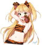  &gt;:d 1girl :d animal_ears artist_name bandeau blonde_hair green_eyes idolmaster idolmaster_cinderella_girls jougasaki_rika long_hair looking_at_viewer open_mouth paws smile solo songmil tiger_ears tiger_print two_side_up whiskers white_background 