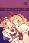  2girls arm_around_neck blonde_hair blush commentary curly_hair ellen english green_eyes hair_ribbon hat hat_ribbon heart kana_anaberal multiple_girls one_eye_closed open_mouth orz_(kagewaka) ribbon self_shot smile touhou touhou_(pc-98) yellow_eyes yuri 