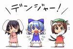  animal_ears black_hair blue_eyes blue_hair bow brown_hair bunny_ears cat_ears cat_tail chen chibi cirno earrings grin hair_bow hat inaba_tewi jewelry maru_take multiple_tails pose rabbit_ears red_eyes short_hair smile tail touhou wings 