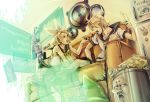  blonde_hair blue_eyes couch food fruit hair_ornament hair_ribbon hairclip kagamine_len kagamine_rin midriff orange pillow popsicle refrigerator ribbon s-ta short_hair shorts siblings speaker twins vocaloid 