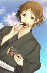  brown_hair dutch_angle eating hanamura_yousuke hijiri_ruka japanese_clothes kimono male persona persona_4 yukata 