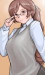  adult alternate_hairstyle breasts brown_eyes brown_hair casual glasses large_breasts long_hair ponytail rozen_maiden rozenweapon suiseiseki 