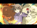  1boy bad_id brown_hair charizard dragon fire green_eyes holding holding_poke_ball jewelry letterboxed necklace ninetales ookido_green poke_ball pokemon pokemon_(creature) pokemon_special red_eyes s_ruki 