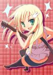  bare_shoulders black_legwear black_thighhighs blonde_hair butt_crack green_eyes guitar instrument long_hair looking_back open_mouth smile thigh-highs thighhighs 