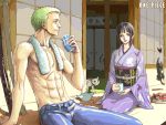  1girl abs cat dugan japanese_clothes kimono kneeling male muscle nico_robin one_piece roronoa_zoro shirtless 