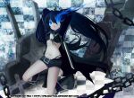  arms_up belt bikini_top black_hair black_rock_shooter black_rock_shooter_(character) blue_eyes boots chain chains felicia-val glowing glowing_eyes katana kneeling long_hair midriff navel pale_skin scar shorts solo sword twintails weapon 