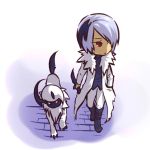  absol black_hair boots coat hand_in_pocket hitec knife moemon nintendo personification pokemon pokemon_(creature) pokemon_(game) pokemon_rse red_eyes walking white_hair 