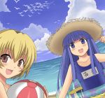  ball beachball blonde_hair blue_eyes blue_hair brown_eyes dutch_angle furude_rika hasu_(hk_works) hat higurashi_no_naku_koro_ni houjou_satoko innertube long_hair one-piece_swimsuit school_swimsuit short_hair straw_hat swimsuit 