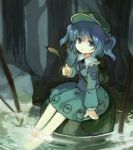  backpack bag barefoot blue_eyes blue_hair cattail cattail_(plant) chaba_(hortensia) feet_in_water forest hair_bobbles hair_ornament hat kawashiro_nitori key lowres nature plant short_hair soaking_feet solo tail touhou twintails water 