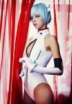  blue_hair breasts cleavage cosplay elbow_gloves flat_chest gloves grimrock!_mix_edition malro neon_genesis_evangelion photo plugsuit red_eyes solo white_gloves zipper 