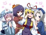  :d ^_^ blonde_hair blush braid closed_eyes hands_together happy hat long_hair marimo_danshaku mouth_pull multiple_girls open_mouth pink_hair purple_eyes purple_hair saigyouji_yuyuko short_hair silver_hair simple_background smile tabard touhou yagokoro_eirin yakumo_yukari yasaka_kanako 