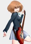  bad_id brown_eyes brown_hair guitar hair_ornament hairclip highres hirasawa_yui instrument k-on! les_paul motete plectrum school_uniform short_hair skirt smile solo 