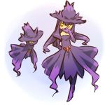  1girl costume dress female hand_over_mouth hat hitec long_hair mismagius moemon personification pokemon pokemon_(creature) pokemon_(game) pokemon_dppt purple_hair smile witch_hat yellow_eyes 