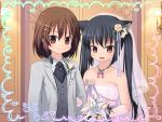  amamiya_minato animal_ears bare_shoulders black_hair bride brown_eyes brown_hair cat_ears dress flower formal good_end hair_flower hair_ornament hairclip hirasawa_yui jewelry k-on! long_hair multiple_girls nakano_azusa necklace pant_suit short_hair suit wedding wedding_dress yuri 