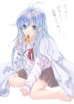  ahoge bad_id barefoot blue_eyes blue_hair denpa_onna_to_seishun_otoko eating food highres long_hair open_clothes open_shirt pizza ribbon school_uniform shirt touwa_erio translated translation_request tsuzuri tsuzuri_(artist) tsuzuri_(itosousou) 