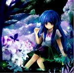  blue_hair butterfly flower furude_rika higurashi_no_naku_koro_ni long_hair ouri purple_eyes submerged violet_eyes water 