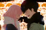  blush closed_eyes couple date dating festival happy jacket just_be_friends_(vocaloid) laughing lens_flare light lipstick long_hair megurine_luka night pink_hair polka_dot scarf short_hair smile vocaloid yunomi 