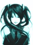  74 bad_id detached_sleeves hatsune_miku long_hair monochrome necktie simple_background smile solo twintails vocaloid 