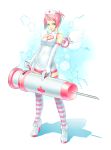  elbow_gloves gloves hat high_heels k+ large_syringe legs needle nurse oversized_object pink_hair shoes short_hair striped striped_legwear striped_thighhighs syringe thigh-highs thighhighs 