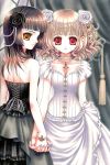  bangs black_hair blonde_hair blunt_bangs bracelet corset dress flower gothic_lolita hair_flower hair_ornament hand_holding highres hime_cut holding_hands jewelry lolita_fashion looking_back multiple_girls necklace orange_eyes plastic_moon red_eyes short_hair 