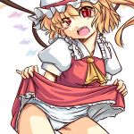  blonde_hair dress dress_lift fang flandre_scarlet hat kakkou looking_at_viewer lowres open_mouth pinky_out ponytail red_eyes school_swimsuit short_hair side_ponytail smile swimsuit swimsuit_under_clothes touhou white_swimsuit wings 