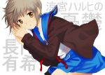  brown_eyes cardigan felt-tip grey_hair nagato_yuki school_uniform short_hair suzumiya_haruhi_no_yuuutsu 