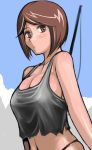  bikini breasts brown_eyes brown_hair cleavage fishing_rod large_breasts midriff rozen_maiden rozenweapon short_hair sky solo souseiseki swimsuit tank_top torn_clothes 