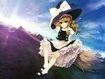  braid broom broom_riding chinchickrin cloud dutch_angle grin hand_on_hat hat hat_ribbon kirisame_marisa looking_at_viewer mary_janes mountain purupurusan ribbon shoes short_hair side_braid sky smile socks sun sunlight touhou witch witch_hat 