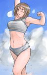  armpits bouncing_breasts breasts brown_eyes brown_hair flying_sweatdrops large_breasts midriff rozen_maiden rozenweapon short_hair souseiseki sportswear sweat 