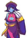  blue_skin breast_hold breasts capcom chinese_clothes claws cleavage_cutout darkstalkers fondolger geung_si hat hsien-ko jiangshi large_breasts lei_lei purple_eyes purple_hair risarisa_(pixiv) short_hair simple_background vampire_(game) violet_eyes 