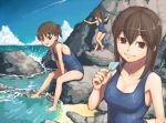  3girls barefoot beach breasts brown_eyes brown_hair child cleavage cliff condensation_trail contrail feet_in_water large_breasts multiple_girls ocean one-piece_swimsuit ponytail popsicle ripples rock rocks sajipen school_swimsuit soaking_feet splash sweat swimsuit water 