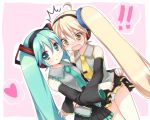  2girls @_@ ahoge akita_neru aqua_eyes aqua_hair blonde_hair blush detached_sleeves hatsune_miku heart long_hair mani multiple_girls necktie panties side_ponytail skirt skirt_lift smile striped striped_panties surprise surprised twintails underwear vocaloid 