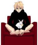 barefoot blonde_hair blue_eyes bunny feet kagamine_len lowres male ponytail rabbit ribbon short_hair simple_background sitting solo spice!_(vocaloid) vocaloid yunomi 