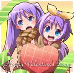  blue_eyes hair_ribbon hiiragi_kagami hiiragi_tsukasa long_hair lucky_star multiple_girls onijirushi open_mouth purple_hair ribbon scarf short_hair siblings sisters smile tsundere twintails valentine 