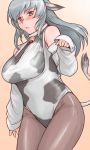  animal_ears bell bell_collar black_pantyhose blush breasts collar cow_ears cow_print cow_tail detached_sleeves large_breasts necktie pantyhose rozen_maiden rozenweapon silver_hair suigintou tail thick_thighs 
