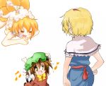  alice_margatroid animal_ears beegle blonde_hair brown_eyes brown_hair cat_ears cat_tail chen chibi diving earrings fang fox_tail hairband haruyonoto hat jewelry lupin_dive multiple_tails musical_note nude saliva short_hair tail touhou translated yakumo_ran yuri 